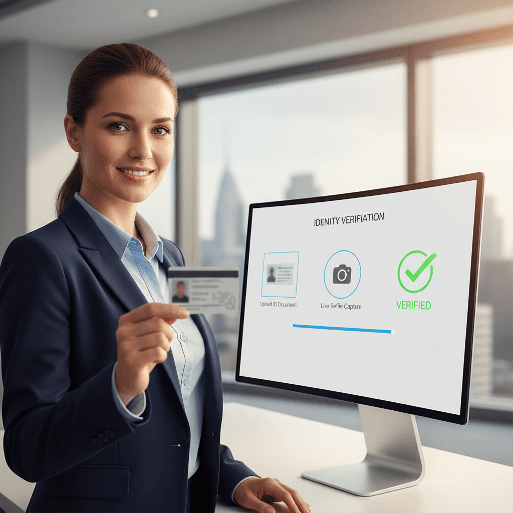 GEM Enterprise KYC and AML compliance workflow — professional woman holding identity document toward verification camera in bright modern office, representing GEM Financial Shield KYC onboarding process