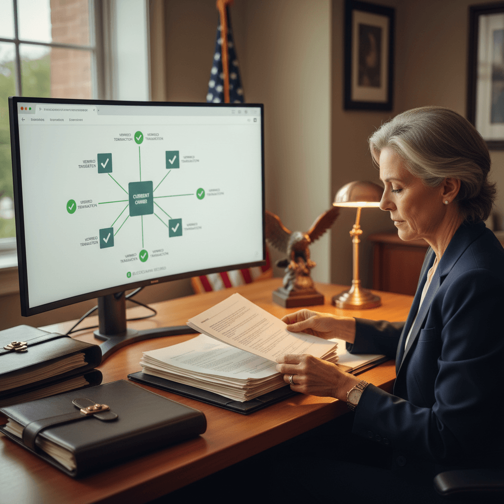 GEM ATR Property Trust title security and deed verification — senior real estate attorney at a warm mahogany desk reviewing a property title chain visualization showing ownership history nodes connected by verified checkmarks, with leather-bound files stacked nearby and a subtle American flag visible in the background