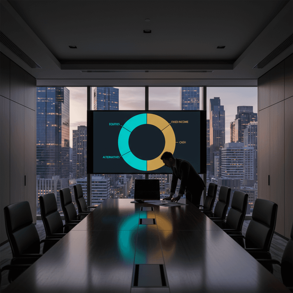 GEM ATR REIT-style portfolio intelligence — institutional meeting room with large portfolio dashboard showing property holdings, risk ratings and valuation data across a managed real estate portfolio